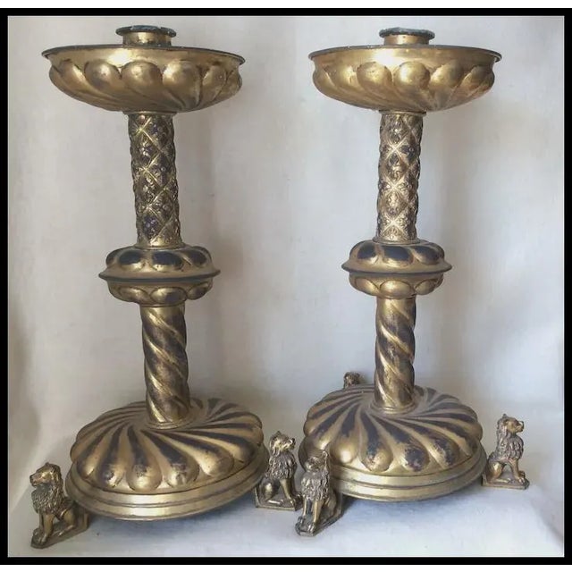 Late 19th Century Pair Antique 19thC Victorian, Gothic Candlesticks Lions Dore Bronze For Sale - Image 5 of 12