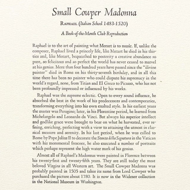 Paper 1950s After Raphael, "Small Cowper Madonna" Full-Color Vintage Print For Sale - Image 7 of 10