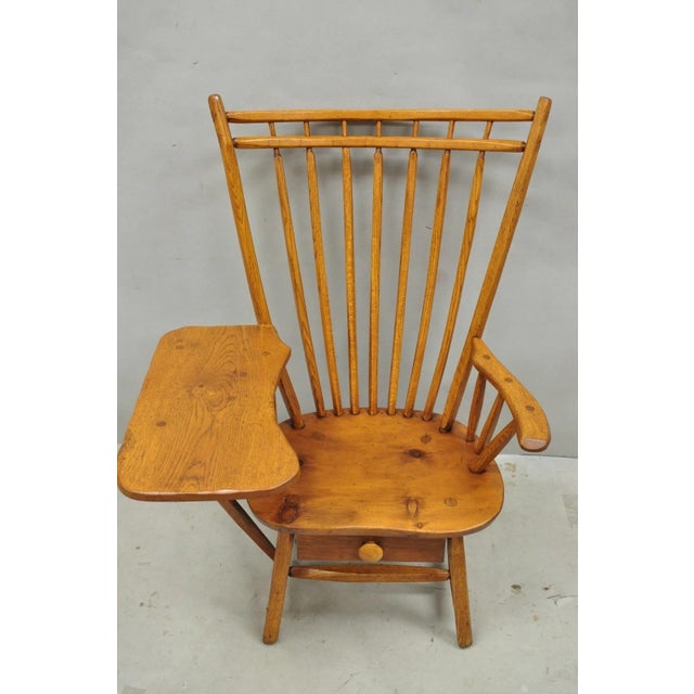 Traditional Vintage Hunt Country Furniture Pine Wood Writing Desk Windsor Chair W/ Drawer For Sale - Image 3 of 18