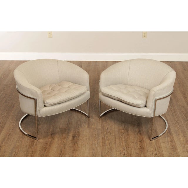 High Quality Vintage Pair of Chrome Frame Lounge Chairs With Custom Upholstery Attributed To Milo Baughman (Not Labeled)