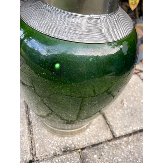 Vintage Signed Safi Tensift Moroccan Green Glazed Pottery Vase With Metal Mounts For Sale - Image 10 of 10