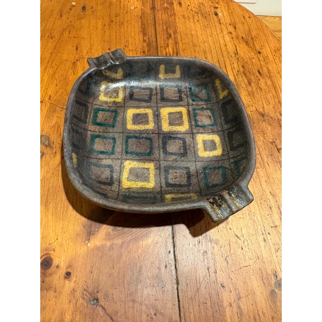 Chic Aldo Londi for Raymor Italy Mid-Century art pottery ashtray or catchall in hues of olive, brown, green and mustard....