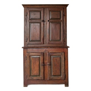 Early 19th Century American Pine Stepback Cupboard | Original Surface, Hand-Forged Hardware, Primitive Two-Piece Cabinet For Sale