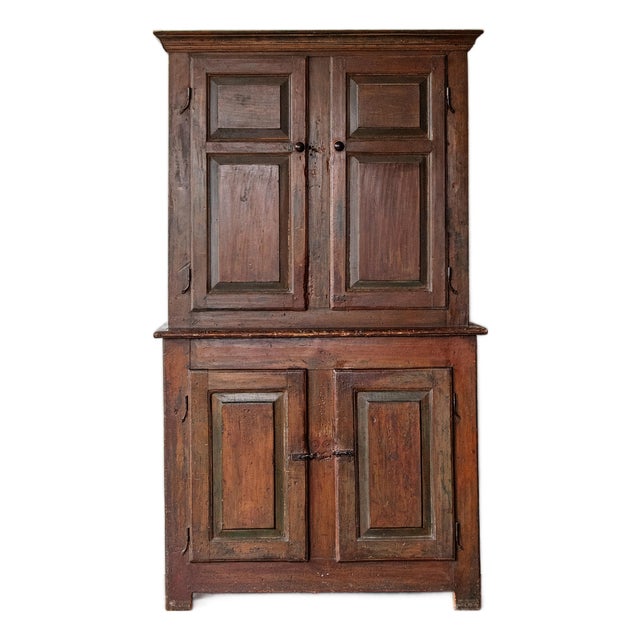 Early 19th Century American Pine Stepback Cupboard | Original Surface, Hand-Forged Hardware, Primitive Two-Piece Cabinet For Sale