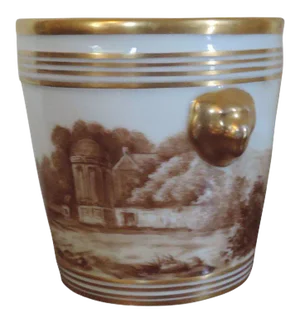 19th Century Old Paris Porcelain Neoclassical Sepia Landscape & Gilt Lion Mask Handle Cachepot Urn Vase