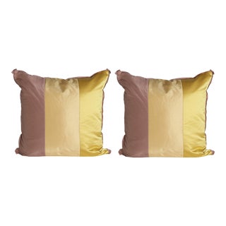 Pair of Purple, Yellow, & Green Three Stripe Satin Pillows