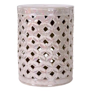 Cherise Iridescent Grey Glaze Flower-of-Life Pierced Garden Stool For Sale