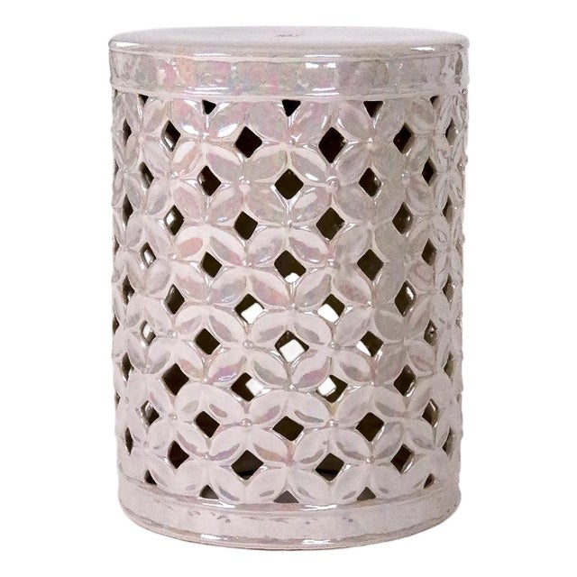 Cherise Iridescent Grey Glaze Flower-of-Life Pierced Garden Stool For Sale