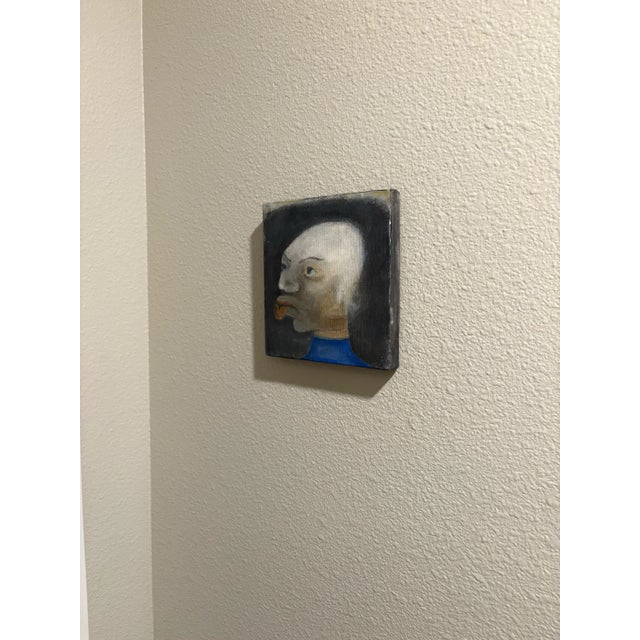 Blue Abstract Portrait Painting of a Primitive Old Man by Artist Richard Klamann, 7” Square For Sale - Image 8 of 9