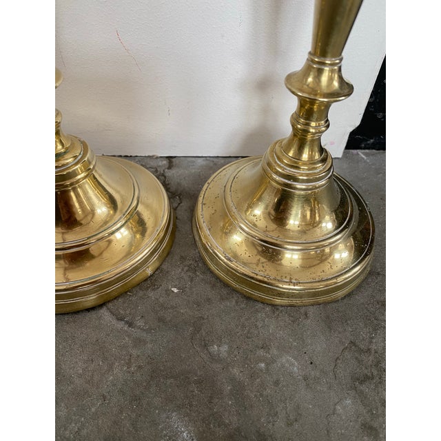 Pair French 19th Century Candlesticks Solid Brass Early Round Baluster Stems Candle Holders For Sale - Image 4 of 10