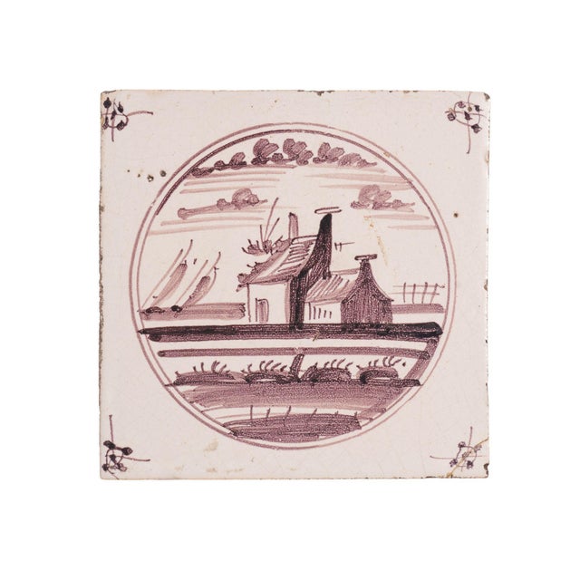 Set of 5 Mulberry Landscape Delft Faience Tiles, C. 1680-1720 For Sale - Image 13 of 15
