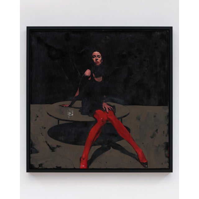 The artwork features a striking figure seated on a minimalist table, exuding a sense of confidence and intrigue. The deep,...