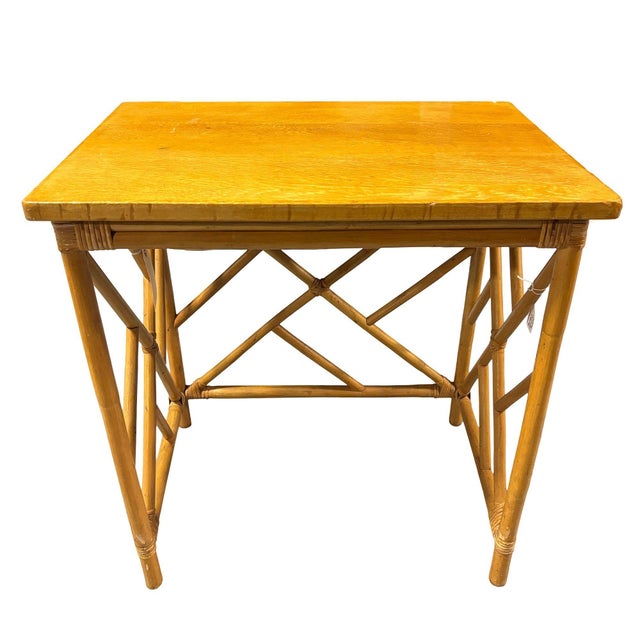 Yellow 1950s Restored Mid-Century Set of 3 Rattan Nesting Side Tables W/ Mahogany Top For Sale - Image 8 of 9