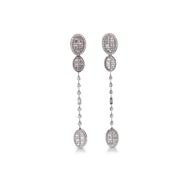 Modern 14k White Gold Oval 1 Carat Diamond Cluster Drop Dangle Earrings - 2 Pieces For Sale - Image 3 of 4