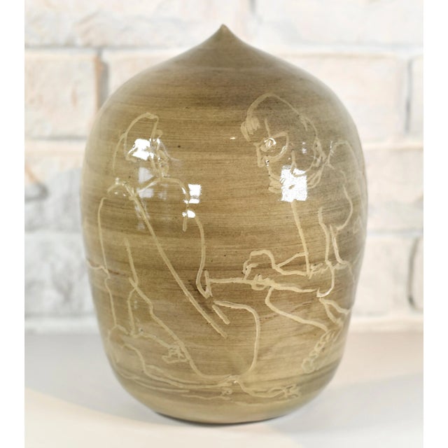 Mid Century Studio Pottery Signed Closed Form Caveman Vase For Sale - Image 13 of 13
