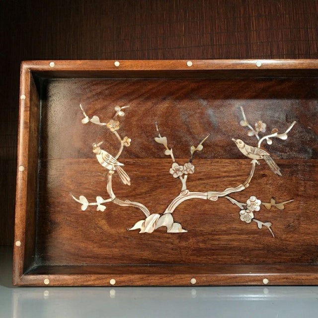 Chinese Vintage Huanghuali Wood Tray With Mother-of-Pearl Birds For Sale - Image 3 of 9