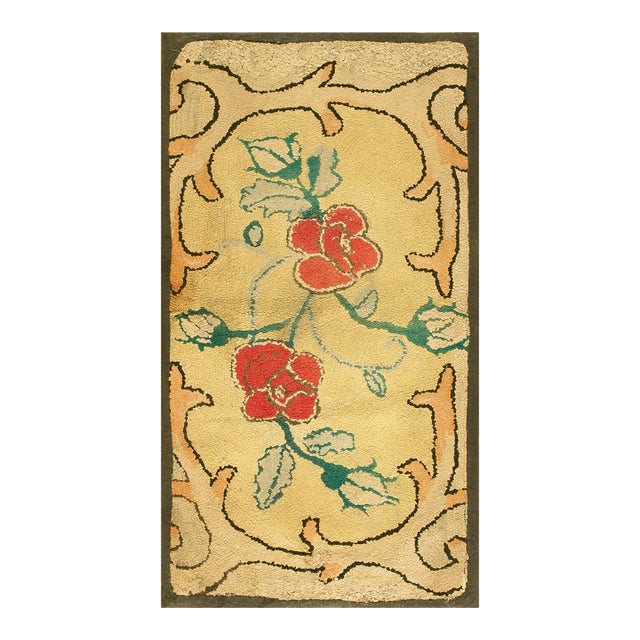 Considerable Yellow Mustard Color With Lovely Florid Design Antique American Hooked Rug For Sale