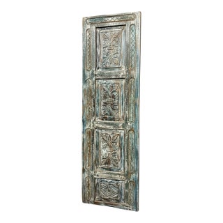 Vintage Hand-Carved Wooden Sliding Door – Blue Floral Distressed Interior Barn Door Panel 96x29.5 For Sale