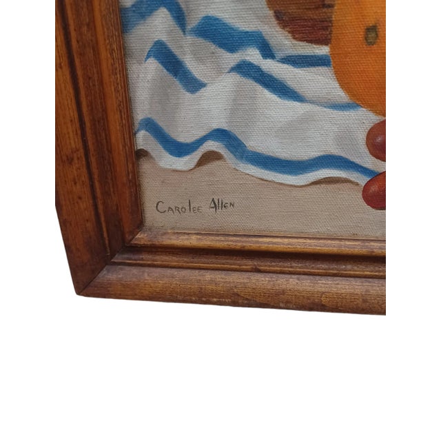 Vintage framed oil painting on canvas of still life wine and fruit scene. Painting is signed Carolee Allen and has an...