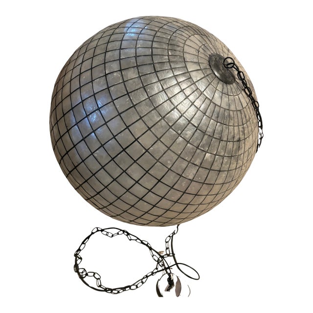 Large Vintage Capiz Shell Round Glove Ceiling Chandelier Light Fixture For Sale