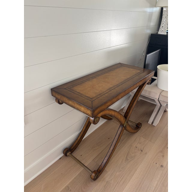 Kreiss Neoclassical Leather-Top Console Table With X-Base & Brass Stretchers For Sale In New York - Image 6 of 7