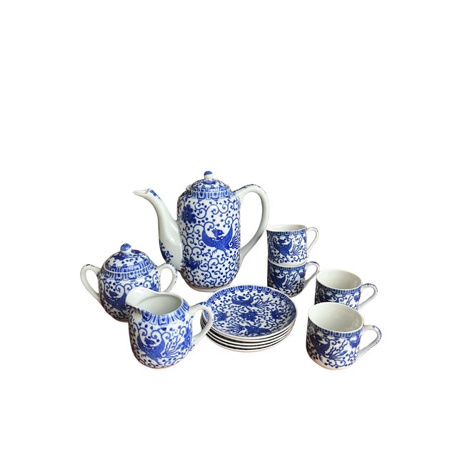 Japanese Blue & White Phoenix Porcelain Tea Set | 12-Piece Lot Beautiful vintage Japanese blue-and-white porcelain...