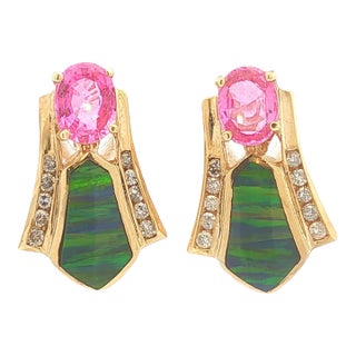 Late 20th Century Pair of Pink Sapphire, Opal Doublet and Diamond Earrings For Sale