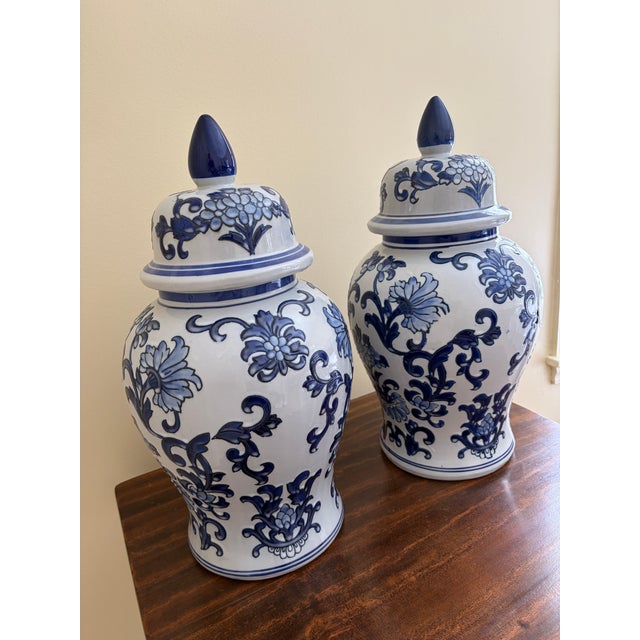Chinoiserie Large Chinoiserie Blue and White Porcelain Ginger Jars, Pair For Sale - Image 3 of 7