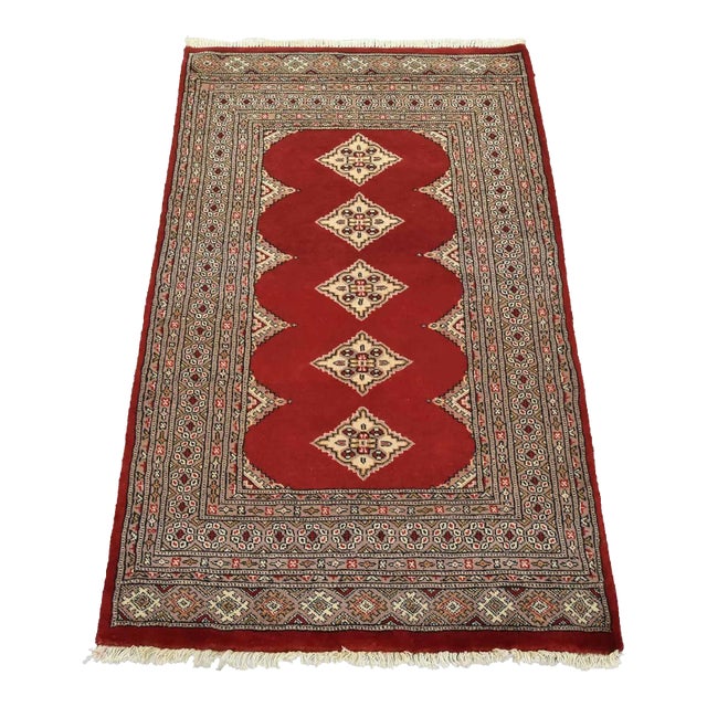 Bokhara Jaldar Rug 3′ X 4’11” Red Wool Tribal Hand-Knortted Oriental Carpet For Sale