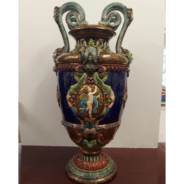 Blue Antique Late 19th Century Italian Tall Majolica Vase With Serpentine Handles For Sale - Image 8 of 10