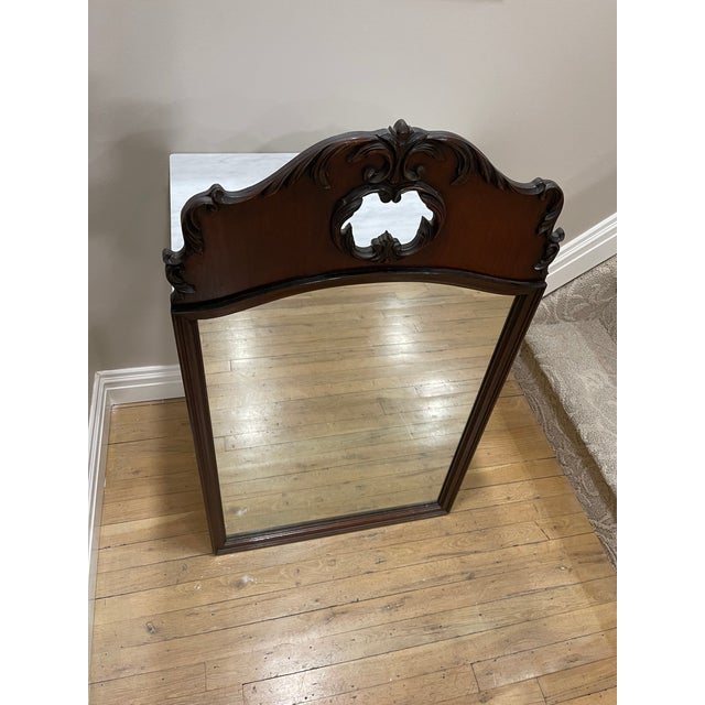 Victorian 1910s Vintage Antique Dark Walnut Carved Top Wall Mirror For Sale - Image 3 of 7