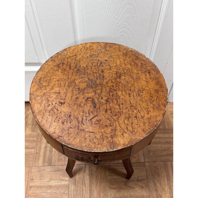 Vintage Italian Style Burl Wood Drum Side Table With Drawer and Glass Top For Sale - Image 4 of 11