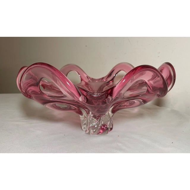 Vintage Hand Blown Pink Red Glass Italian Centerpiece Footed Bowl Murano For Sale In New York - Image 6 of 12