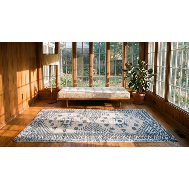 1900s Blue Geometric Antique Indian Agra Cotton Rug 4'2"x 7'9" Knotted Carpet For Sale In New York - Image 6 of 7