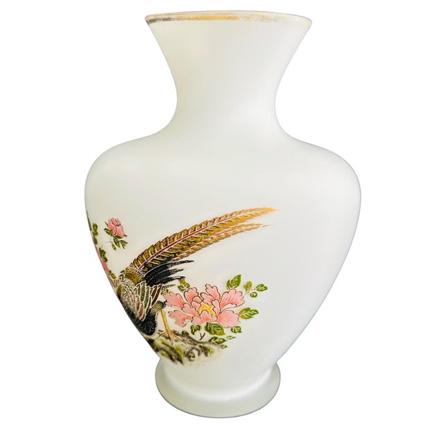 Glass Vintage Toyo Japan 9" Opal Glass Vase - Hand-Painted Pheasant & Peony, Satin White Translucent Glass, Mid-Century Asian Decor, Gold Trim For Sale - Image 7 of 13