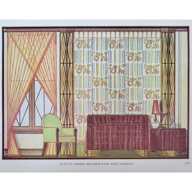 A 1937 Art Deco interior bookplate print of a modern bedroom. This is a lithograph by Edward Thorne and is titled 'Modern...