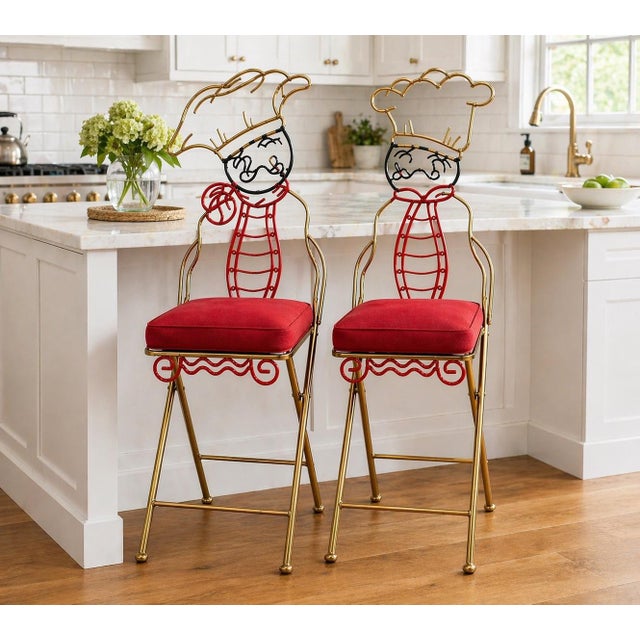 Late 20th Century Vintage Whimsical Chef Figural Metal Counter Stools — Pair — Folding Bistro Bar Stools With Ivory Cushions (49” H) For Sale - Image 5 of 6