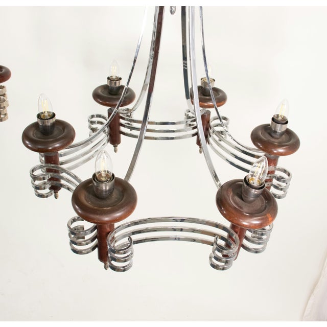 Pair of Mid-Century Italian Chrome and Wood Chandeliers For Sale - Image 12 of 12