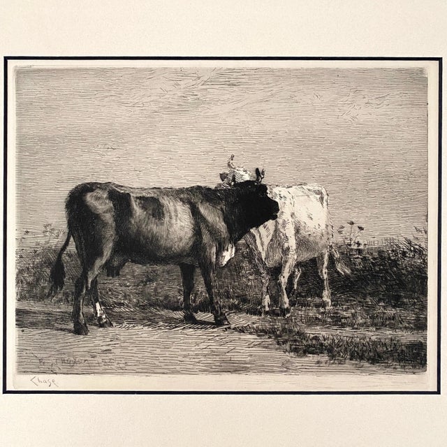 Realism William Merritt Chase (American, 1849 – 1916) - (After) Constantine Troyon's "Cattle" Etching, Signed (1887) For Sale - Image 3 of 9