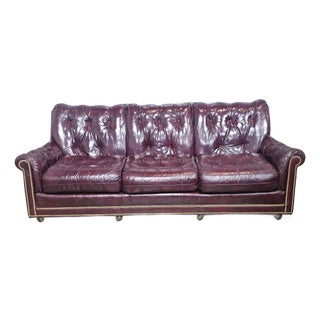 Late 20th Century Hancock & Moore Red Leather Sofa Nailhead Trim Three Cushions For Sale