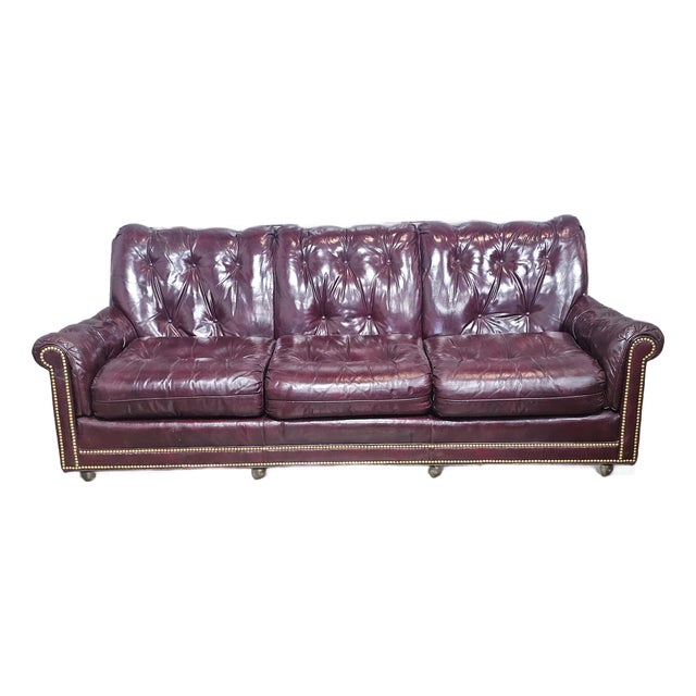 Late 20th Century Hancock & Moore Red Leather Sofa Nailhead Trim Three Cushions For Sale
