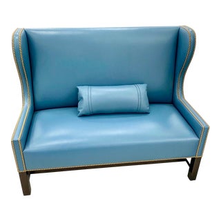 Modern French Blue Vegan Leather Settee Bench With Nailhead Trim For Sale