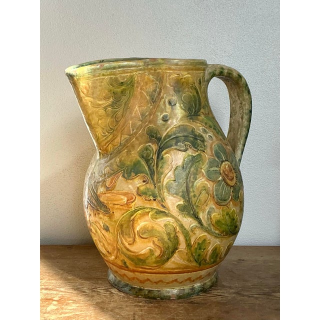 Mid 20th Century Vintage Boho Glazed Ceramic Floral Pitcher For Sale - Image 5 of 10