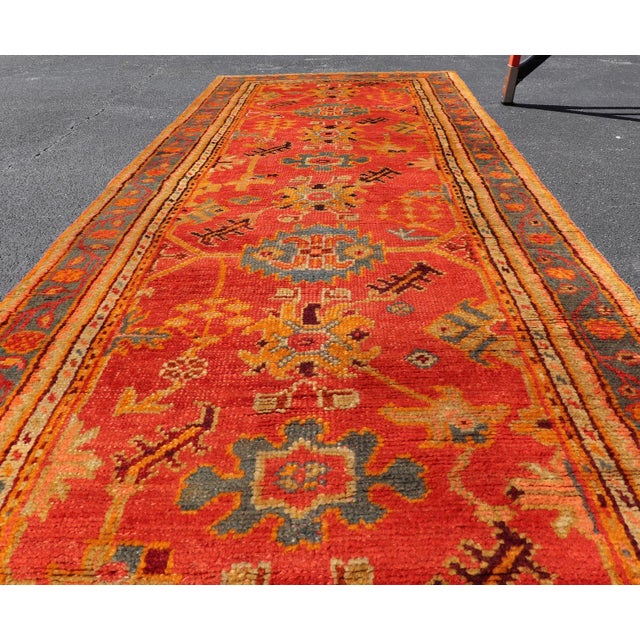 Red and Light Blue Wide Antique Turkish Oushak Gallery Runner For Sale - Image 14 of 18
