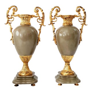 Pair Large Ormolu Gold Leafed Chinese Porcelain Louis XVI Style Vases or Mantelpiece Urns - Signed Castilian For Sale
