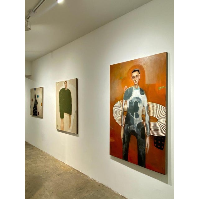 The Griffin Oil on canvas 60 × 36 × 1.75 in 152 × 91 × 4 cm In The Griffin, Michele Mikesell creates a commanding, human-...