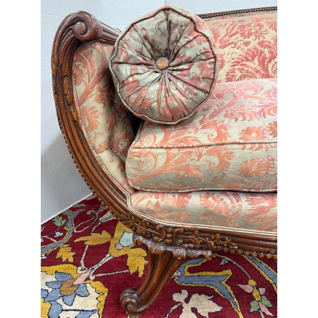 Early 20th Century Antique Carved Mahogany Scroll Arm Sofa in Fortuny Upholstery For Sale - Image 5 of 11