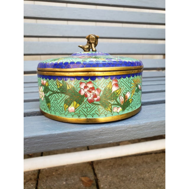 Ceramic Early 20th Century Antique Chinese Cloisonne Jade Green Box W/Lid "China" Foo Dog Finial For Sale - Image 7 of 8