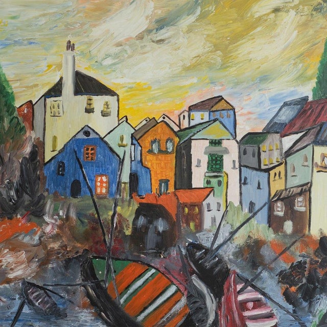 Colorful Mediterranean Village Scene with Boats, Oil Painting For Sale - Image 4 of 6