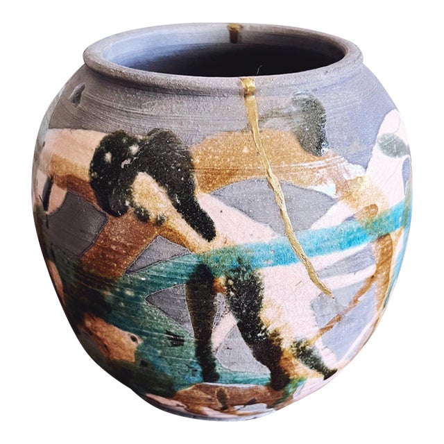 Vintage Kintsugi Japanese Drip Glaze Pottery Vase For Sale